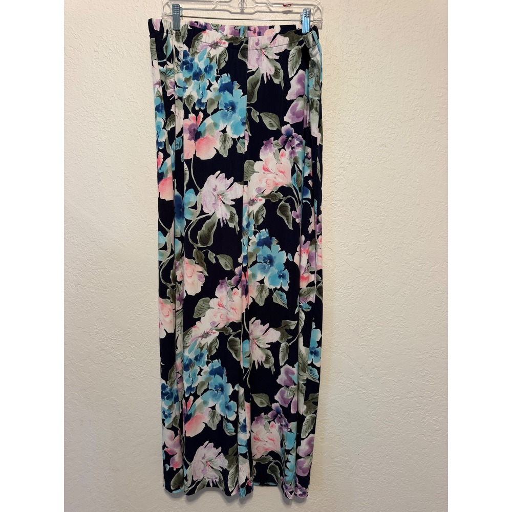 Chicos Floral Wide Leg Pants Navy Blue Purple Pink Stretch Jersey Size 2.5 L XL